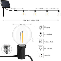 G40 Solar String Lights Outdoor 25FT Patio Lights with 25 LED Bulbs IP45 Waterproof Garden Outside Backyard, Porch