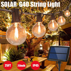 G40 Solar String Lights Outdoor 25FT Patio Lights with 25 LED Bulbs IP45 Waterproof Garden Outside Backyard, Porch